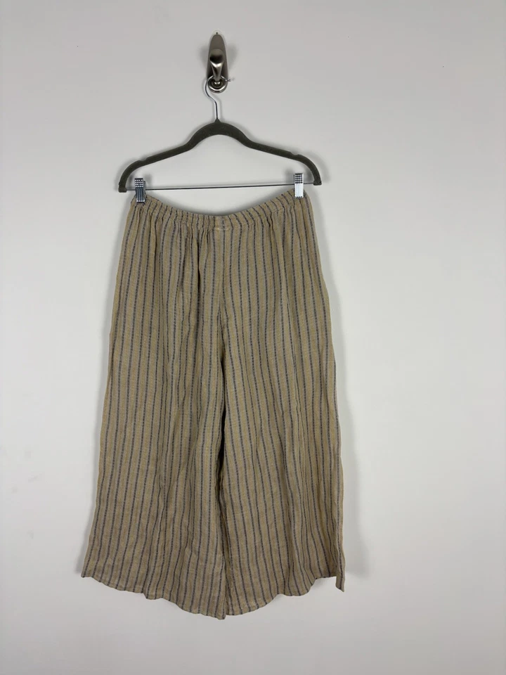 Pantalón La Bottega di Brunella Stipped Pierna Ancha Talla Grande Beige Dorado Crop Lagenlook Foto 3 de 4