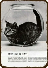 1959 TABBY CAT Cleo Glass Fish Bowl Vintage-Look DECORATIVE REPLICA METAL SIGN 