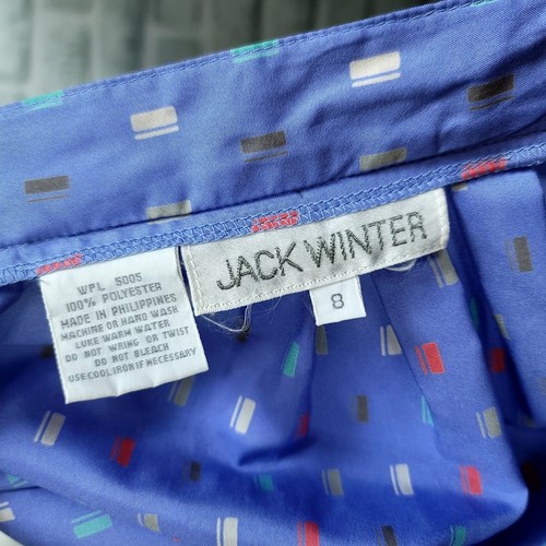 Vintage 80s Jack Winter Size S Periwinkle Geometric Print Midi Skirt Pleated - Picture 6 of 6