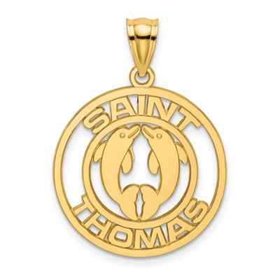 14k Yellow Gold St Thomas Words with Two Dolphins in Nickel Size Charm Pendant
