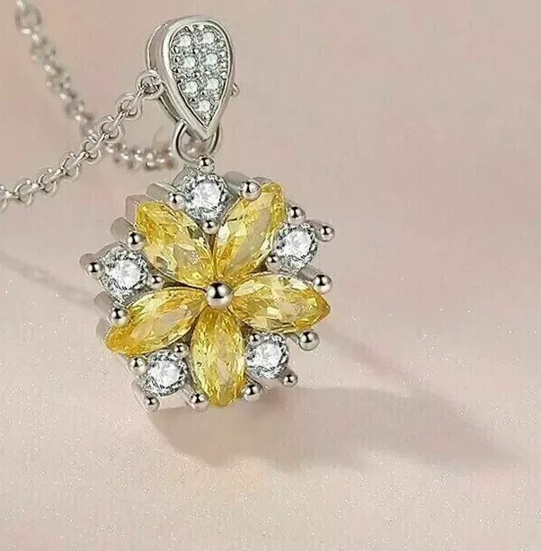 Lab created citrine marquise flower pendant in 14K white gold plated 3Ct