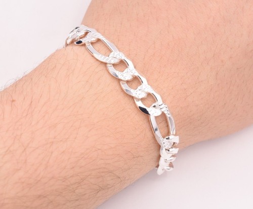 10mm Italiano Figaro Pave Taglio Diamante Collegamento Catena Bracciale Sterling - Foto 6 di 7
