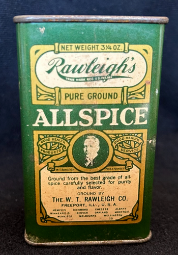 Ancienne étain à épices Rawleigh's Ground 3 1/4 oz taille Freeport ILL
