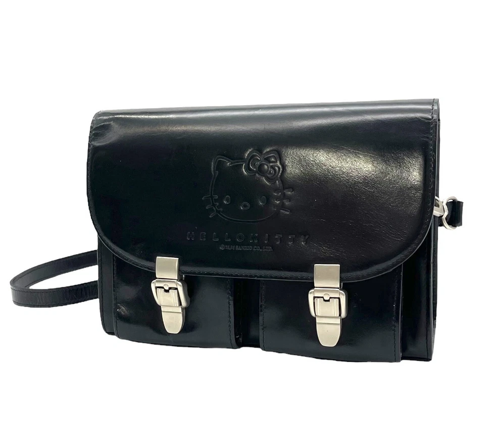 SANRIO Hello Kitty Bolso Mensajero Maletín 3WAY Cuero Negro De Colección Raro 1990' Foto 2 de 4