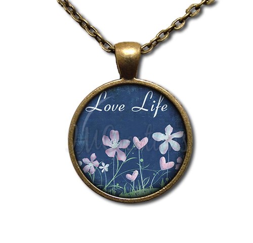 Love Life Floral Field in Blue - Handmade Round Glass Pendant Necklace - Picture 8 of 10