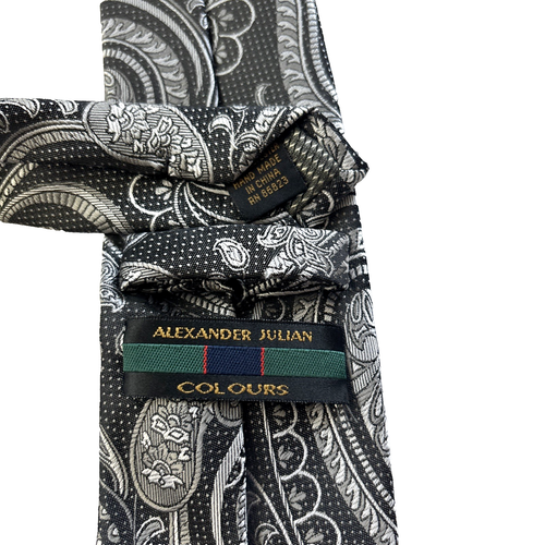 Alexander Julian Colours Men's Necktie Light Gray paisley on Dark Gray 59x3.25" - Picture 2 of 4
