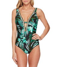 Jantzen Multicolor Plunge Tropical One Piece Swimsuit L49758 Women's Size 8