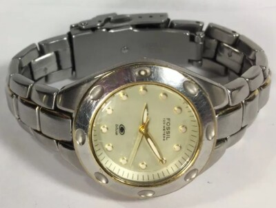 Women Fossil Blue Watch Am3304 Gold Face Silver Case Steel Bracelet Band 100m