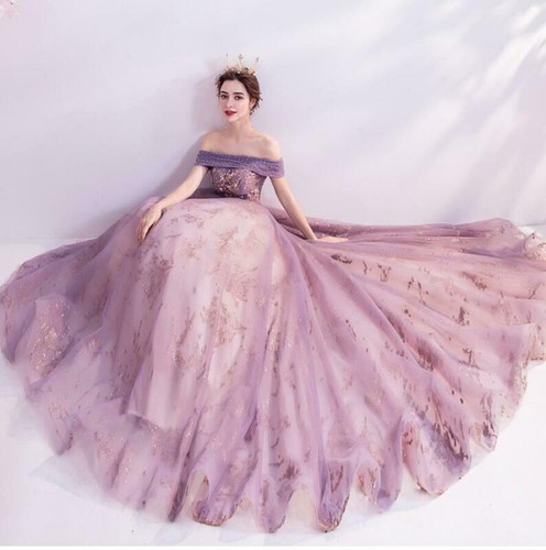 Wunderschöne lila Schulterfrei Blumen Prinzessin Abendkleider Party Ballkleid  - Bild 5 von 12