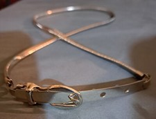 Vtg Silver Tone Preowned Thin Cinch Belt 70's/80's With Bar Buckle Fits 34" Max