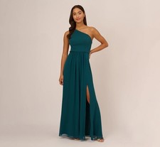 Adrianna Papell One Shoulder Chiffon Long Gown Hunter Green sz 14 NWT Bridesmaid
