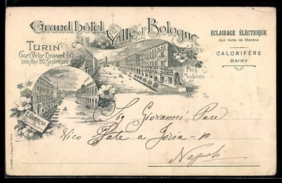 Turin, Grand Hotel Ville et Bologne, Cours Victor Emanuel 60, Postcard 