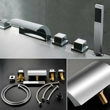 Deck Mount 5 Hole Bathroom Bathtub Chrome Faucet Tub Mixer Tap & Hand Shower NEW