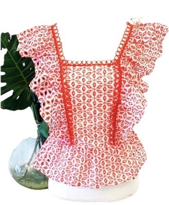 Red & White EYELET Flutter Sleeve Peplum Top with Circle Lace TrimJames Ascher