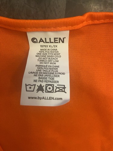 Allen Orange Safety Hunting Vest, Size XL/2XL, Fits Chest Size 52" to 60", Qty 1 - Picture 3 of 4