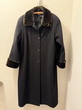 Vintage JAD Women's 100% Wool Long Black Coat Faux Fur Collar Cuffs Petite L