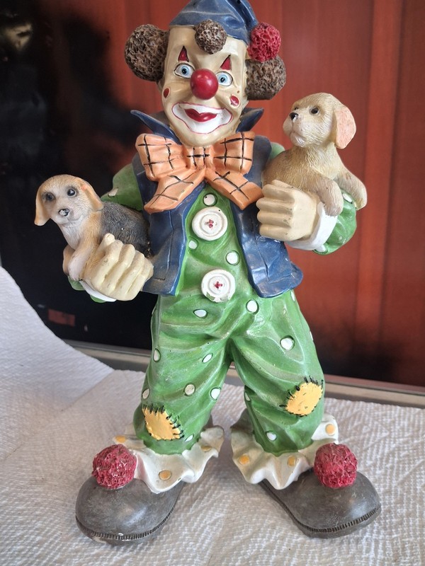 antique Hand Painted Circus Clown Figurine Holding Two Puppies Multicolor Resin