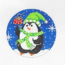 SP.ORDER  Penguin With Gift 13 Mesh HP Needlepoint Canvas 4" Rd Alice Peterson