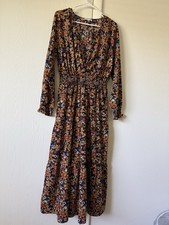 SWEETSALT Black Floral V-Neck Long Sleeve Smocked Ruffle Midi Dress L
