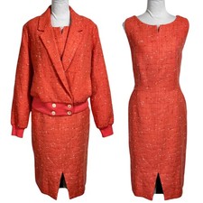 Etcetera Statement Tweed Bomber Jacket Sheath Dress Suit Coral Orange Size 14