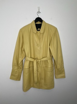 Vintage 90s Yellow Leather Belted Blazer Jacket Coat Longline Modas Spain M/L