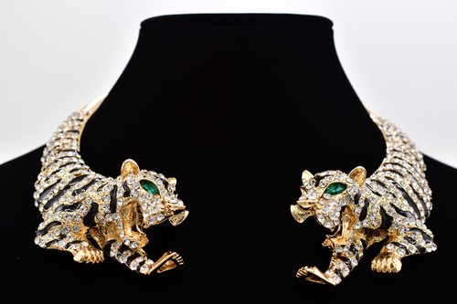 Statement Double Tiger Choker Necklace Rhinestone Crystal Gold Tone Chunky Bold
