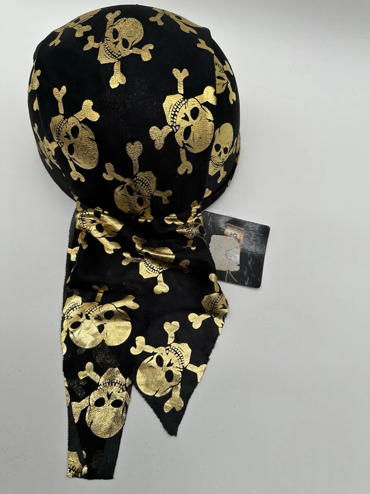 Sombrero Bandana Pirata Calavera y Huesos Cruzados Negro y Dorado Foto 4 de 4