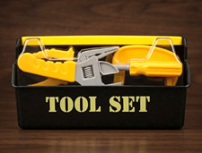 Kids Pretend Play Toy Tool Set in Black Storage Box Labeled "TOOL SET"