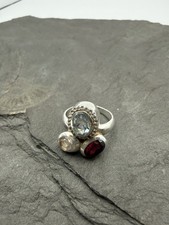 925 Silber massiver Edelsteinring – Blautopas, Granat & Bergkristall – Gr. 57