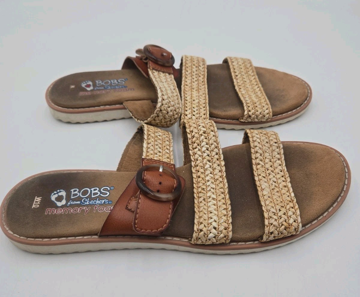 Skechers BOBS Women’s Slide Sandals W10 Memory Foam Raffia Buckle Brown...