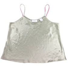 VTG Silky Slip Cami- Green- Size Medium- Pink strap detailing- y2k casual Top