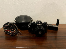 Vintage Nikon EM Film Camera 50mm w/ Motor Drive, Strap, Leather Case
