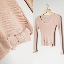 RED Valentino Champagne Rose Gold Lurex Rib Knit Bow Ruffle Fitted Sweater Wool