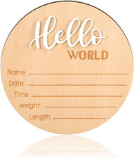 Wooden Hello World Newborn Sign - 5.9 Inch Birth Announcement Plaque for Photo P