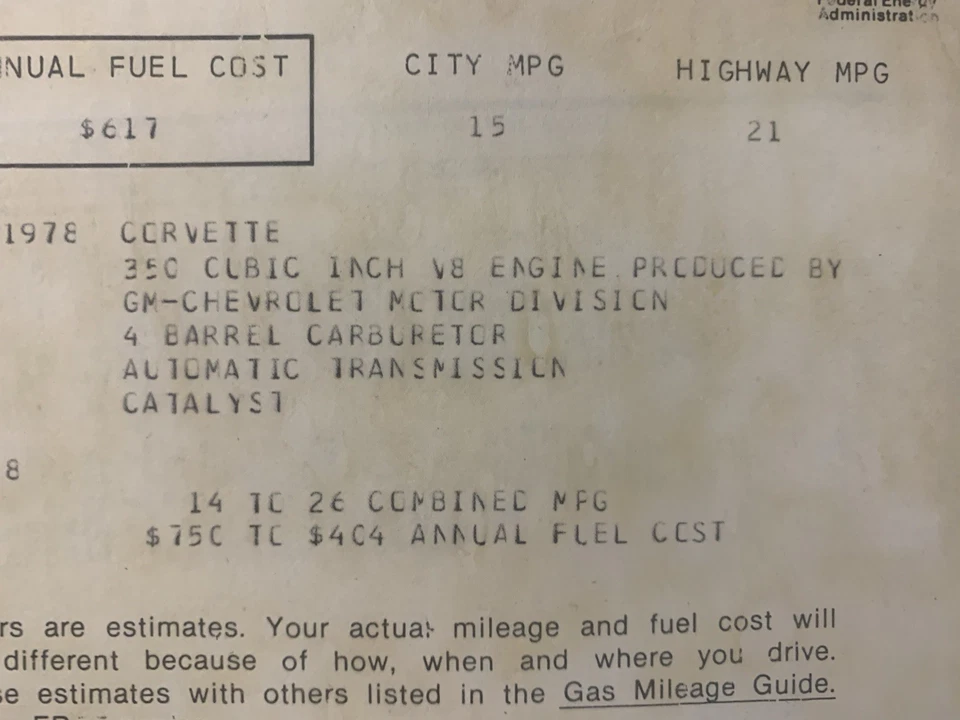 1978 CORVETTE SILVER ANNIVERSARY PROMO PACE CAR ORIGINAL WINDOW STICKER EPA SET Foto 3 de 4