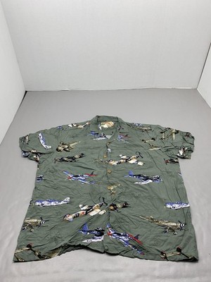 Paradise Found Shirt Mens XL Green Aviation Rayon Short Sleeve Button Up