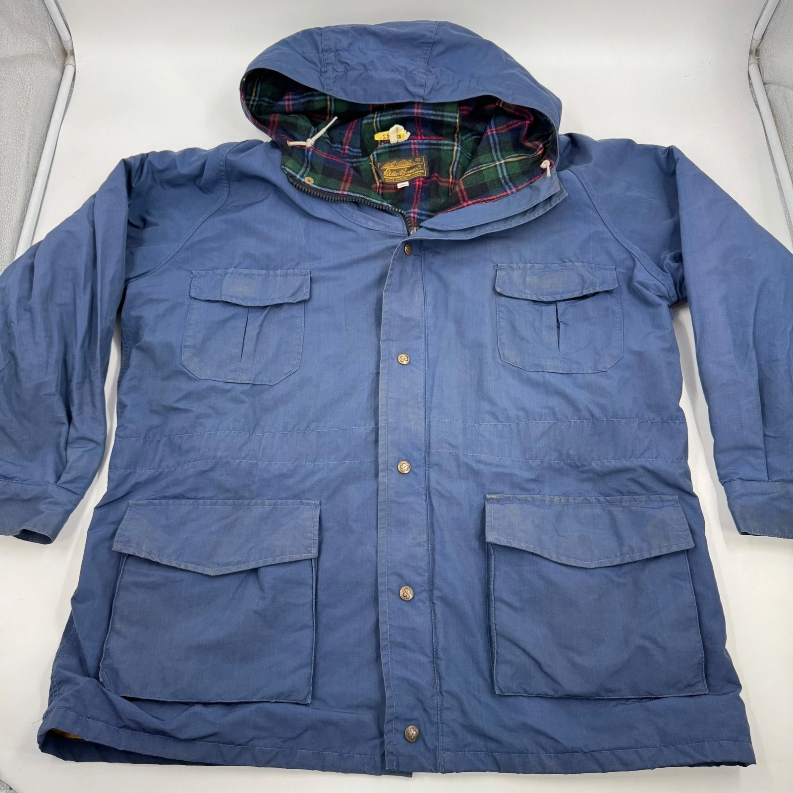 Vintage Eddie Bauer Men's Blue Plaid Lined Hooded Jacket Size XXL Canada 90's