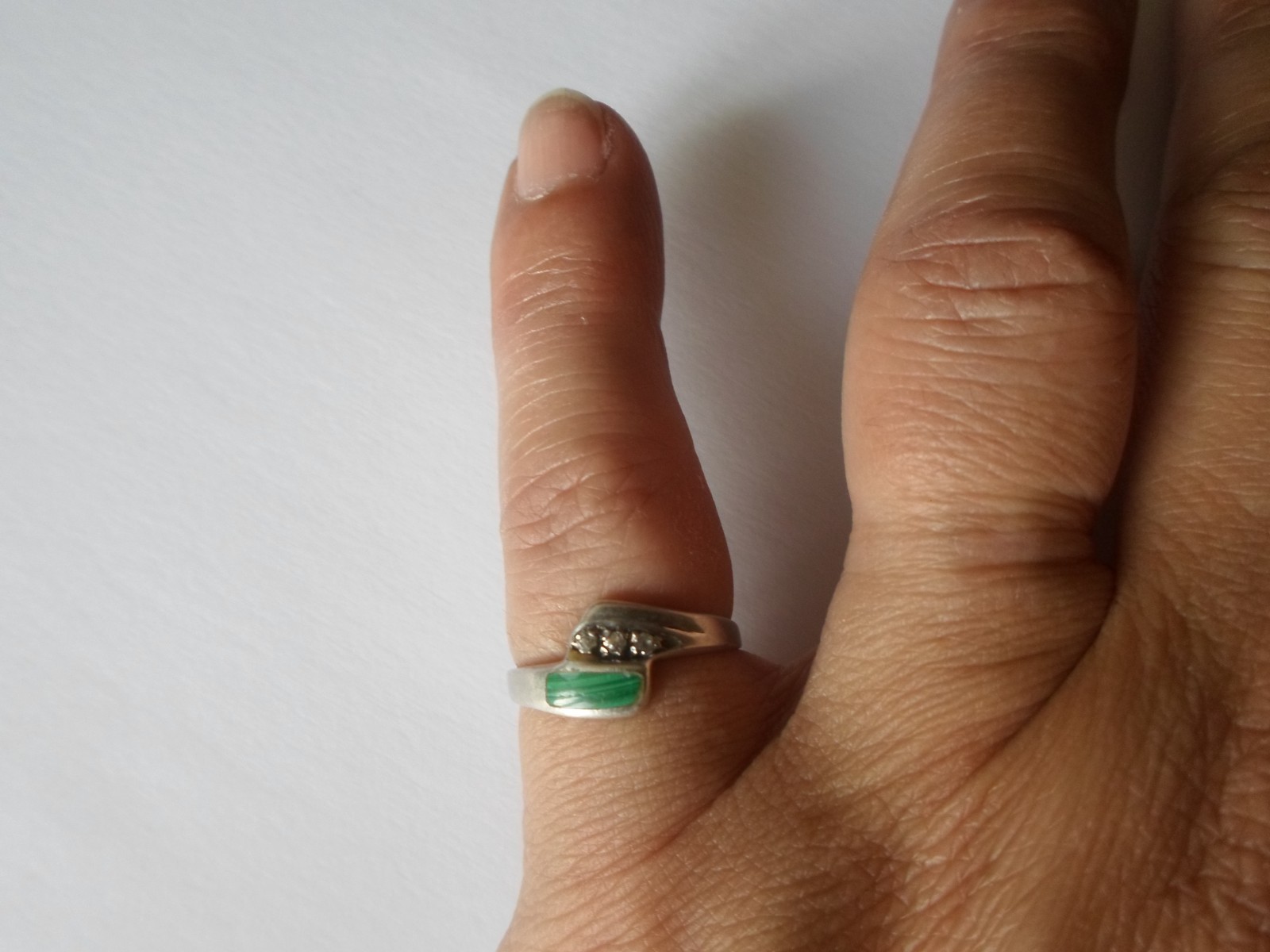 solid silver, malachite and zirconium ring, size … - image 5