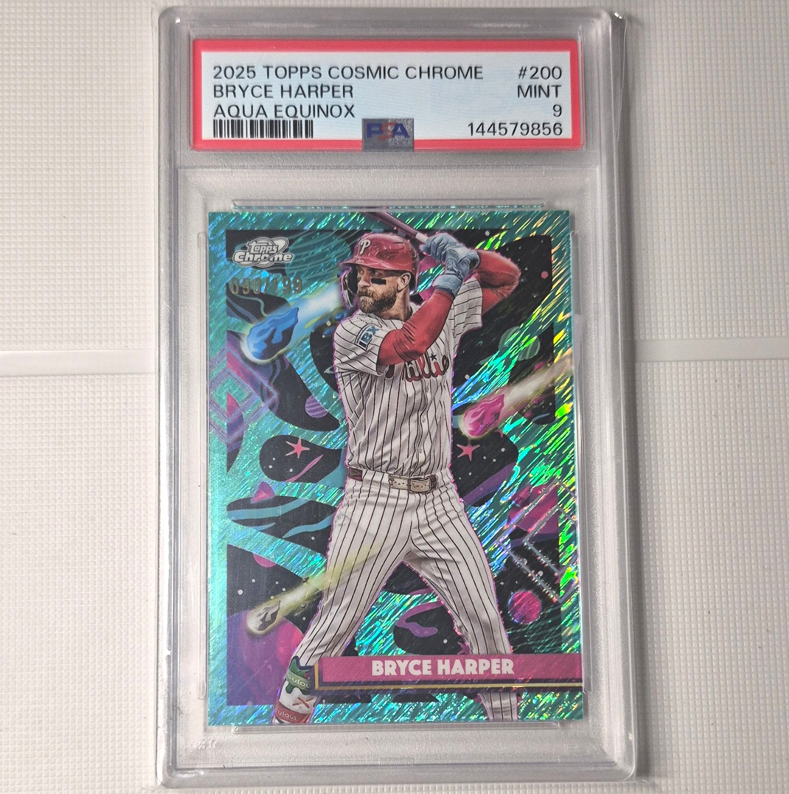 Topps 2025 Cosmic Chrome Bryce Harper Phillies Aqua Equinox #200 PSA 9 090/49 view 1