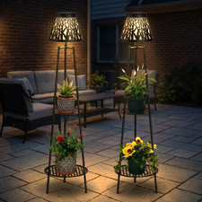 Visflair 2 Pack Solar Floor Lamps Outdoor 2-Tier Plant Stand Metal Tall Planter