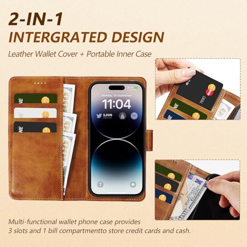 2 in 1 PU Leather for iPhone 16 Leather Case, Detachable Wallet Case with Card - Picture 3 of 7