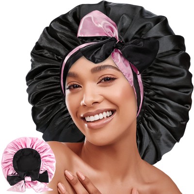 Jumbo Black Pink Reversible Satin Bonnet Adjustable Wide Tie  display picture 3