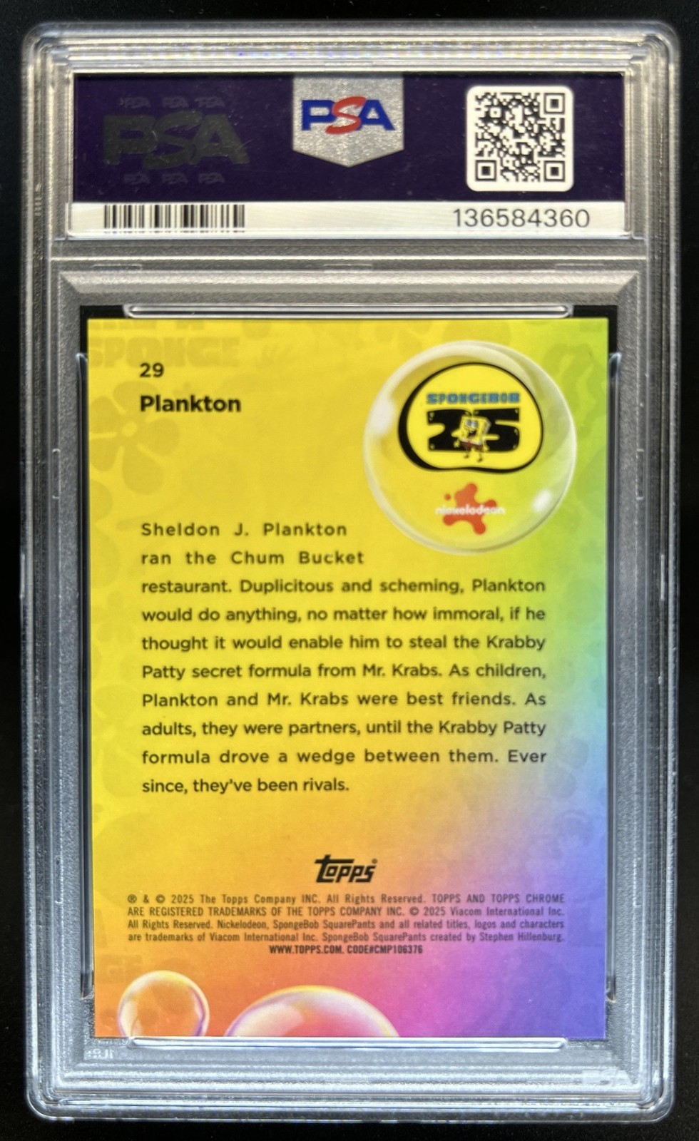 2025 Topps Chrome SpongeBob Sapphire Plankton Orange Refractor #/25 PSA 9 view 2