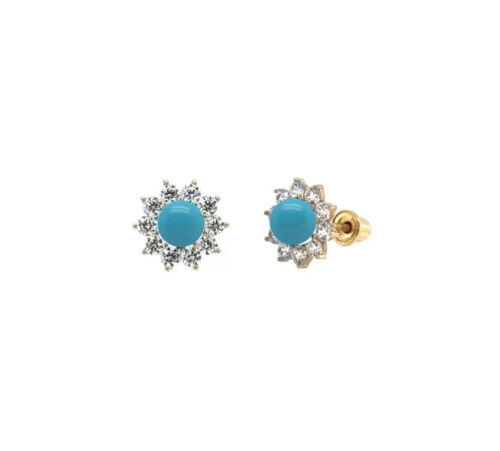 14k Solid Yellow Gold Turquoise Flower Shape Screw Back Stud Earrings Gift - Picture 2 of 7