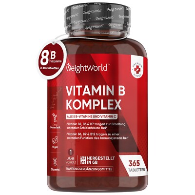 Vitamin B 365 vegane Tabletten - B1, B3, B6, B9 - Biotin Vitamin B12 & Vitamin C