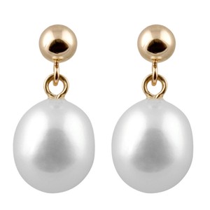 14k ball earrings with 8-8½mm white rice shape freshwater pearls HOF-31
