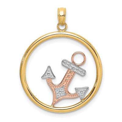 Anker im Kreis Charm in echtem 14k Gelb Bicolor Gold