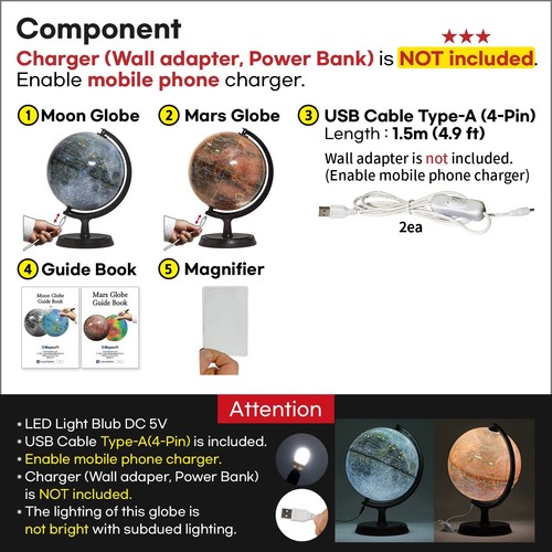 Mapsoft Explorer Set 2 globi illuminati Luna/Marte, 24 cm/9,5", 2MRI-24, lampada - Foto 5 di 22
