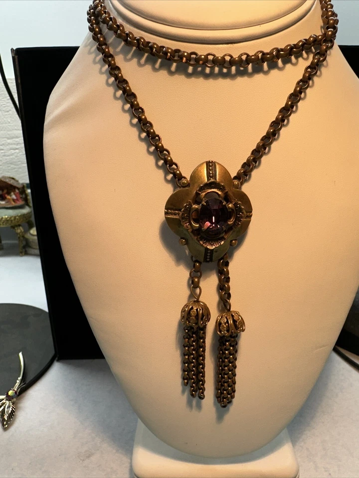 MIRIAM HASKELL Collar Sin Firmar Amatista Tono Oro CADENA COLGANTE Ajustable Foto 4 de 4