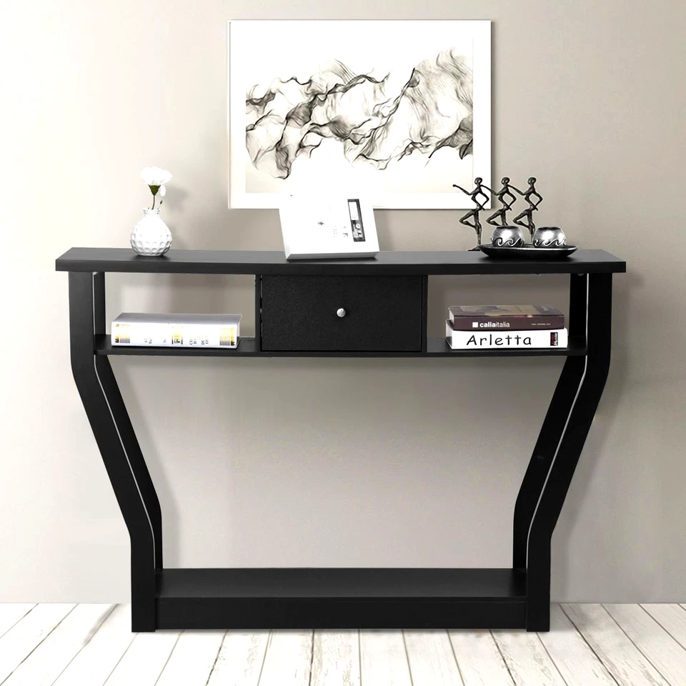 Meuble Vintage ART DECO Table Console Avec 1 Tiroir 3 Compartiments En MDF Noir - Photo 1/4